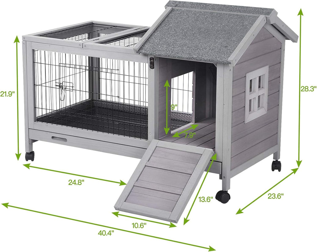 Indoor Rabbit Hutch Bunny Cage with 4 Casters, Bunny Hutch -Removable Wire Grate