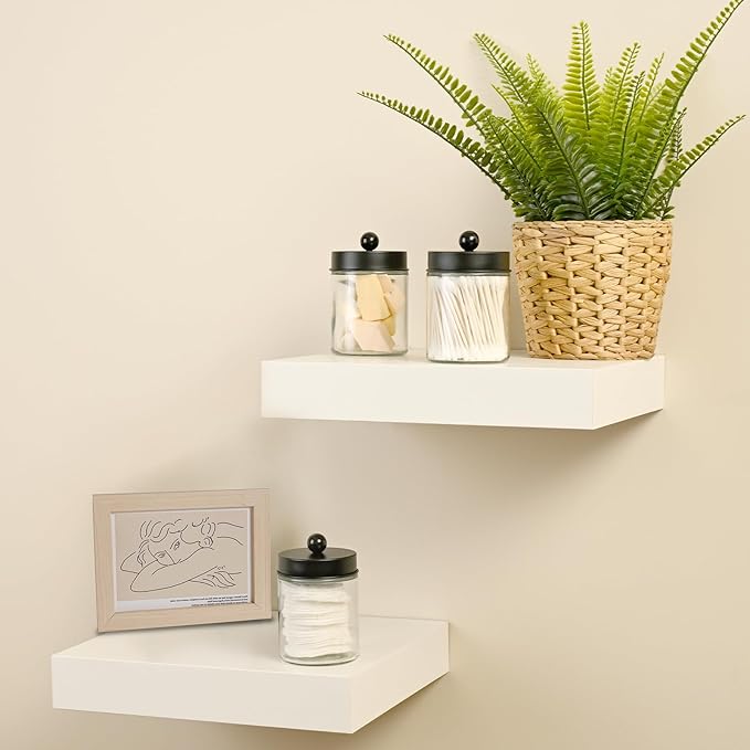 SheeChung 3-Pack Black Glass Apothecary Jars - Rust-Proof Stainless Steel Qtip Holder Set - Modern Farmhouse Bathroom Vanity Organizer for Cotton Swabs, Balls, Pads - Countertop Storage Canister