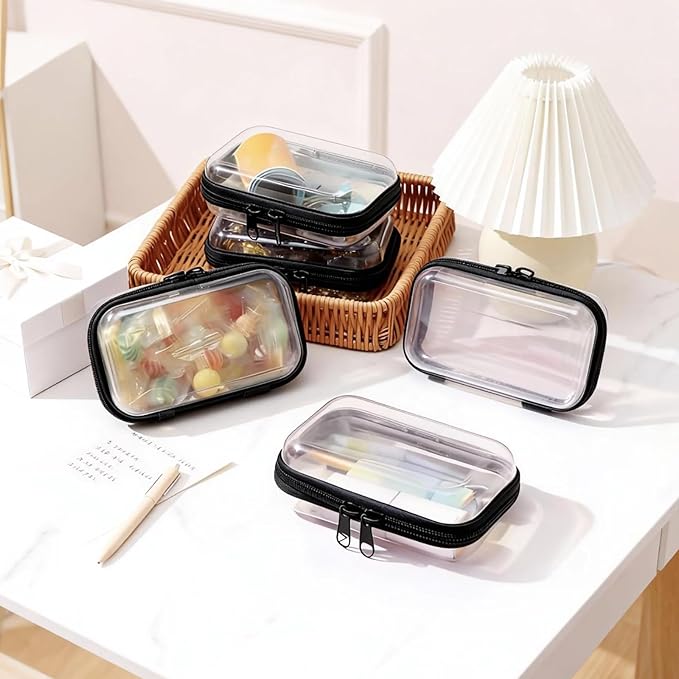 2PC Black Small Clear Hard Shell Zipper Case, Double Zippers Plastic Storage Box for Snacks Makeup Toiletries & Cosmetic Tools
