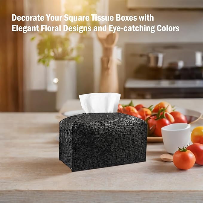 Tissue Box Cover PU Leather Tissue Holder Rectangle Facial Tissue Case Tissue Box Organizer Dispenser for Bathroom, Kitchen, Home, Office, Tabletop (Black, Short)