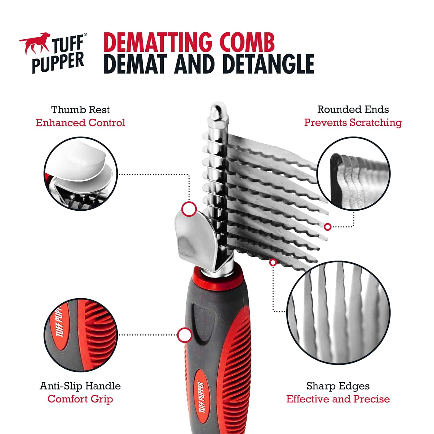 Dematting Comb For Dogs & Cats – Detangling Brush Tool For Dogs Easily & Safely Remove Dead, Matted Or Knotted Hair | Ergonomic, No-Slip Safety Handle for Precision Control | For Poodles & Curly Hair