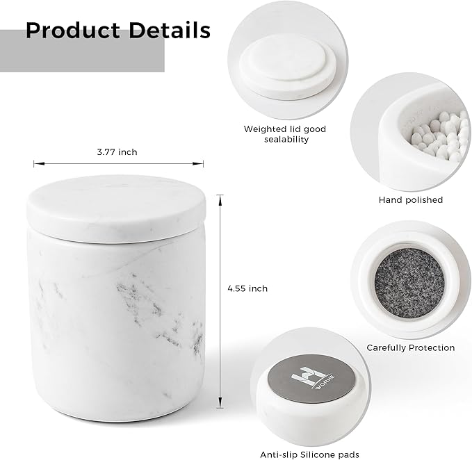 WORHE Marble Qtip Holder with Lid Natural Cotton Ball Container for Cotton Swabs,Makeup Sponges,Bath Salt Large Capacity Bathroom Canisters Jars for Countertop Storage and Organization White (WH051)