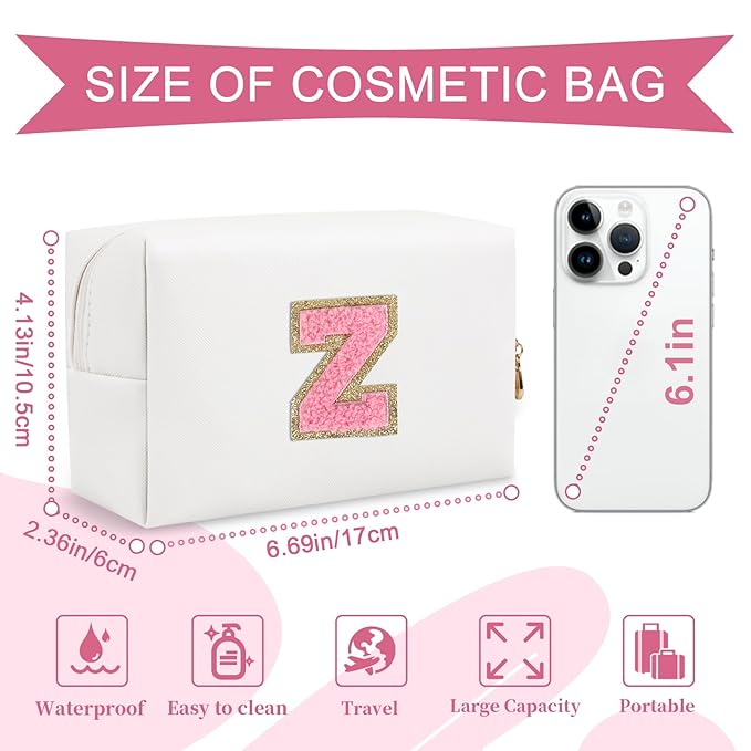 Personalized Makeup Bag Initial A-Z Preppy Patch Bag,Small PU Leather Travel Cosmetic Bag Pouch with Zipper,White Cute Toiletry Bag,Gift Ideal for Teen Girls Women Birthday Friend Mom,Letter Z