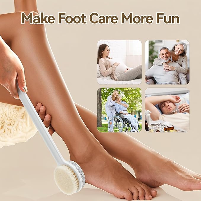 Foot Pumice Stone for Feet, 2 in 1 Foot Pumice Scrubber for Wet or Dry Brushing, Dead Skin Remover, Long Handle Foot Cleaning Brush for Senior, Pregnant, Disabled, or Injured, Box Packed(White)