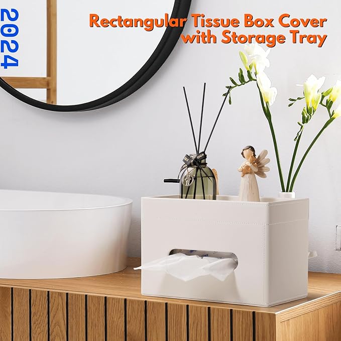LAMOTI Rectangular Tissue Box Cover with Storage Tray, Leather Facial Tissue Box Holder for Bathroom, Office Table, Countertop, Night Stand & More (White)