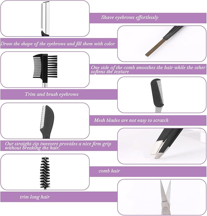 Professional Eyebrow Shaping Grooming Kit,8PCS/SET Eyebrow Grooming Kit with Leather Bag Eyebrow Trimming Kit With Razor Eyebrow Scissors Eyebrow Brush for Women & Men(Black)