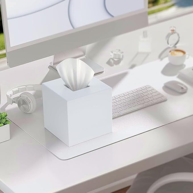 SILUT Tissue Box Cover Square, Acrylic Tissue Holder, Decorative Tissue Box Dispenser for Bathroom Bedroom Office Vanity, Tissues Organizer, Matte White