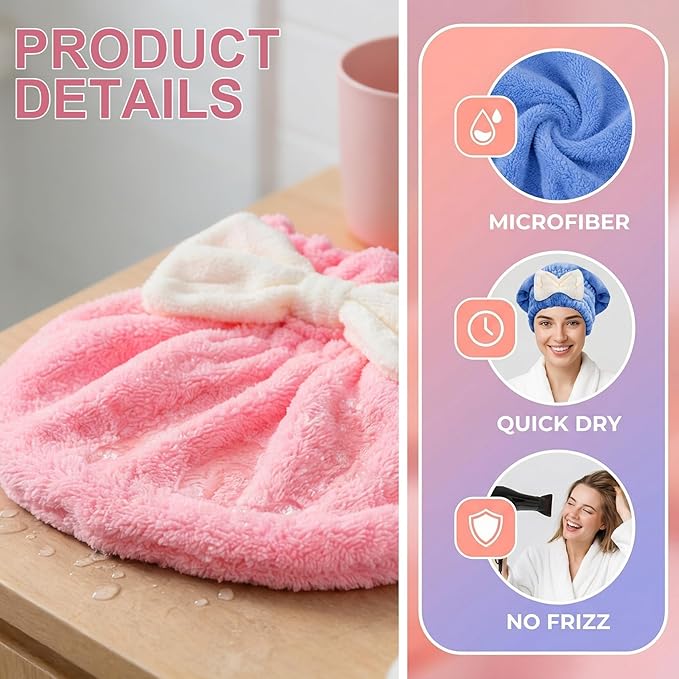 2 Pcs Hair Towel Wrap for Women, Microfiber Quick-Drying Hair Towel, Super Absorbent Soft Towel Wrap for Wet Hair Caps with Bow for Women Bathroom Bag- Pink, Blue