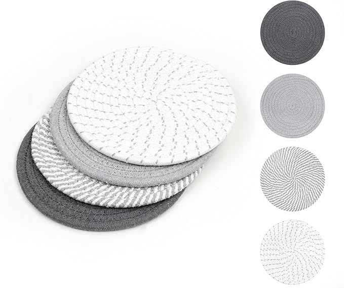 SHACOS 8 Inches Trivets for Hot Dishes, 4 Pieces Cotton Trivets Mats for Kitchen, Hot Pads for Countertops and Table, Heat-Resistant Pot Holders for Hot Pots and Pans(Gray, 4pcs)