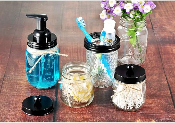 Amolliar Mason Jar Foaming Soap Dispenser Pump, Plastic Foam Soap Pump Rustproof Stainless Steel Lid, Refillable Hand Soap, Waterproof Labels, Cute Farmhouse Decor, Bathroom Accessories, Black 2 Pack