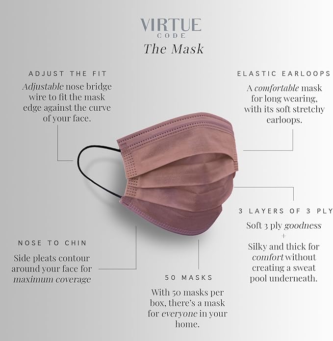 VIRTUE CODE Support Face Masks - Soft 3 Ply Comfort Face Masks, Colorful Disposable Face Mask 50 Pack. Earth Tones Colored Masks. Adults Mens and Womens Disposable Face Masks