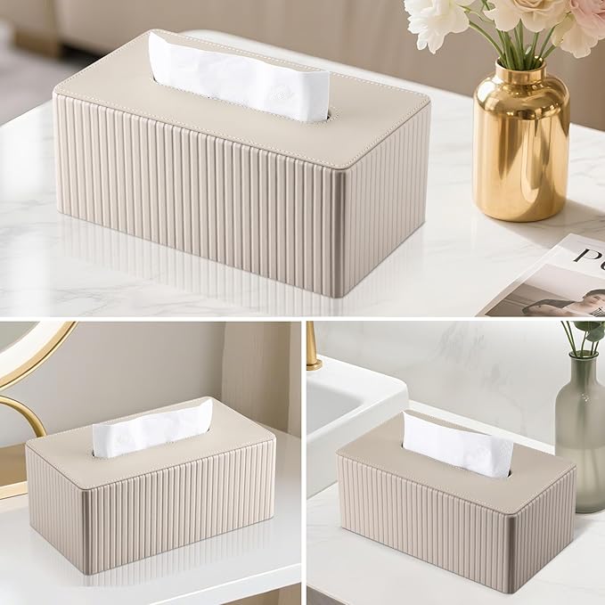 KINGFOM PU Leather Tissue Box Cover Rectangular Tissue Box Holder with Magnetic Bottom, Napkin & Facial Tissue Holder Dispenser for Home, Office for Standard 120-count/160-count (2-Ply) Beige Stripe