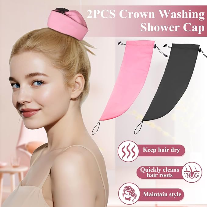 2PCS Crown Washing Shower Cap Waterproof Hair Sleeve for Long Hair, Reusable & Adjustable Wash Cap for Quick Root Refresh, Protect Styled Hair Locs Braids for Shower Gym Travel Beach(Black+Pink)