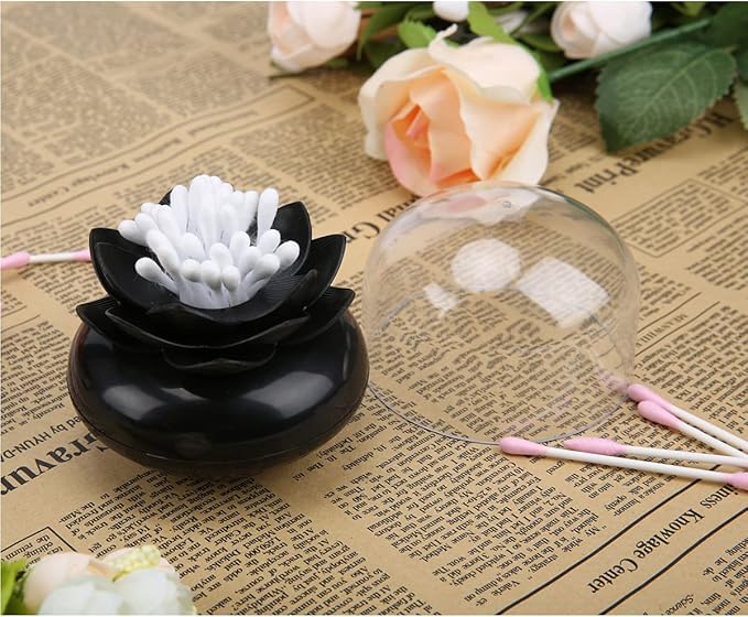 Bloss 2 Pack Qtip Holder Dispenser with Lid Lotus Cotton Swab Holder Cotton Swabs Bud Small QTips Box Toothpicks Holder Flower Bathroom Decor (Black + White)…