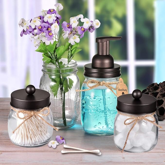 SheeChung 2 Pack Mason Jar Foaming Soap Dispenser Lids for Standard Mouth, Foaming Soap Dispenser Pump Replacement for Hand Sanitizer, Bath Liquid, Facial Cleansing Foam, Makeup Remover Water - Bronze