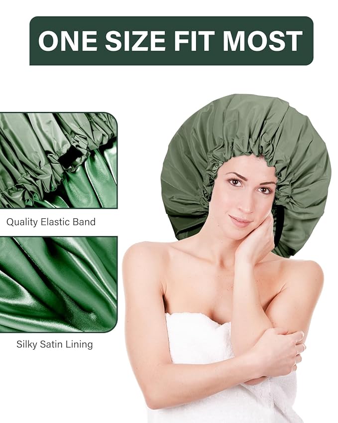 Aquior Shower Cap for Women, Extra Adjustable Shower Caps for Women Double-Layer Waterproof Reusable Hair Cap, Large Size Hair Cap for All Hair,for Girls Spa Bath,Soft and Comfortable (Green)