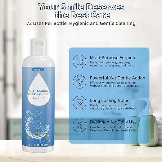 BCOM Ultrasonic Retainer Cleaner Solution, Jewelry Cleaner Solution Deep Clean for Retainer, Mouthguards, Night Guards, Aligners and Jewelry Ring, Odor Stain Remover for Ultrasonic Machines (8.5 oz)