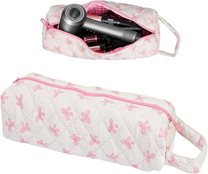 Hair Tools Organizer Bag with Bow Pattern for Curling Irons, Flat Irons, Hair Dryers and Styling Tools, Portable Pink Travel Case, Haircare Accessories Travel Essentials(14" x 3.1" x 4.9")