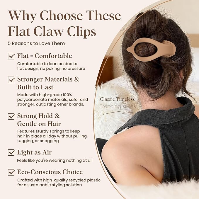 6 PCS Large Flat Hair Clips for Women Girls, French Concord Lay Down Flat Claw Clips for Thick Thin Hair, Comfortable Curved Flat Hair Clip, Matte Non-slip Strong Hold Hair Accessories, Brown