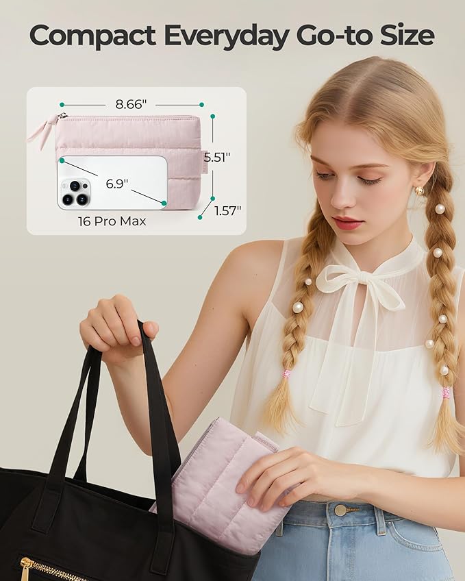BAGSMART Small Makeup Bag, Puffy Portable Cosmetic Pouch with Charm Zipper, Water-Resistant Travel Organizer for Women (Baby Pink, Small)