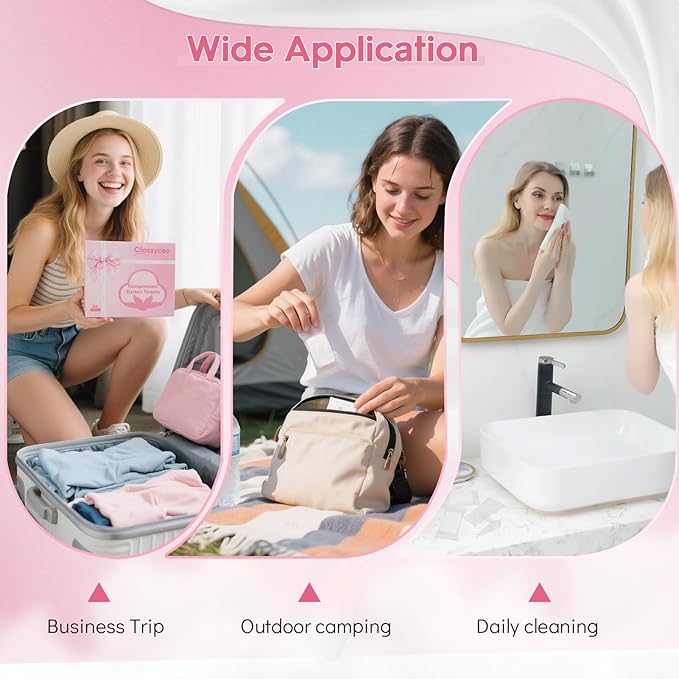 Classycoo XL Ticken Compressed Towel Tablets- 100% Cotton Disposable Face Towel, 30 PCS Individually Wrapped Portable, Travel Mini Soft Washcloth, Camping, Facial Makeup, Gift, Pink 12x10 Inches