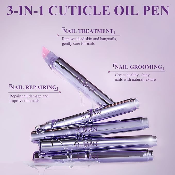 3-in-1 Cuticle Oil Pen, Cuticle Pusher Nail Oil Pen with Ceramic Tip, Nail Care Pen, Cuticle Pusher Pen for Hangnails, Dry & Damaged Nail, Moisturize Strengthen Nails Care (3PCS-3-Step Care)