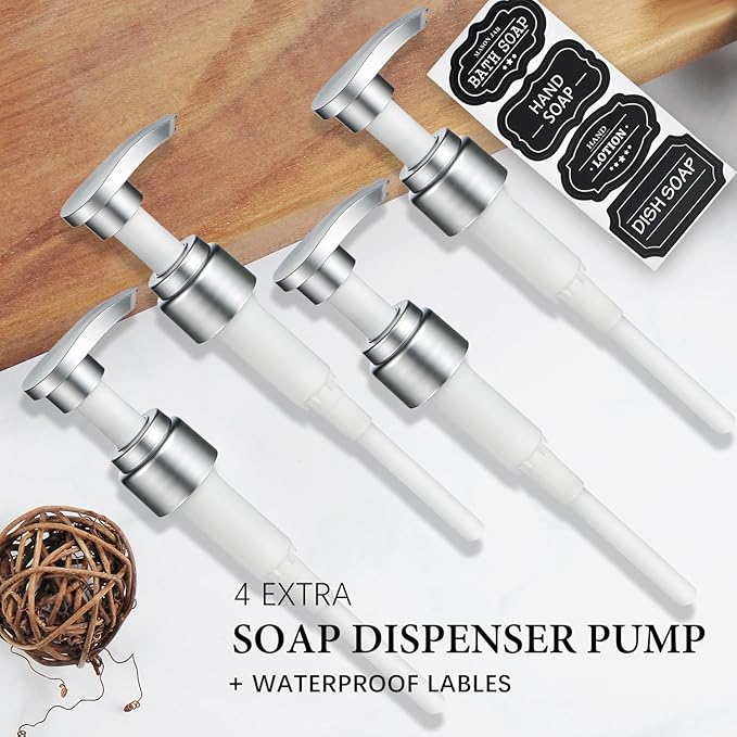 Amolliar Plastic Mason Jar Soap Dispenser with Pump Lid,16OZ Refillable BPA-Free Hand Soap Dispenser Set with Cute Lables, Farmhouse Decor for Kitchen Bathroom, Liquid Soap, Dish Soap (4 Pack, Silver)