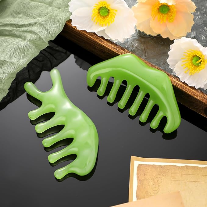 Geiserailie 2 Pcs Jade Combs Esthetician Supplies Massage Stone Hair Gua Sha Scraping Scalp Comb Facial Massage Tool Handheld Head Tools Head Caring Therapy Mother's Day for Women(Fashion Style)