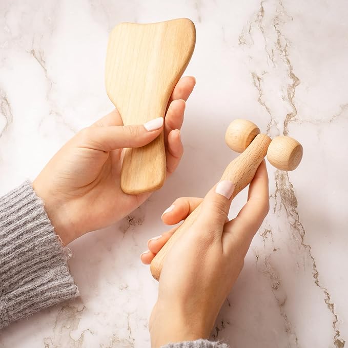 tuuli Body and Face Roller, Multi-Functional Wooden Massage Roller, Helps Ease Muscle Tension and Support Skin Health, Natural Face Massage Tools, Set of 2 (2 Piece Set C)