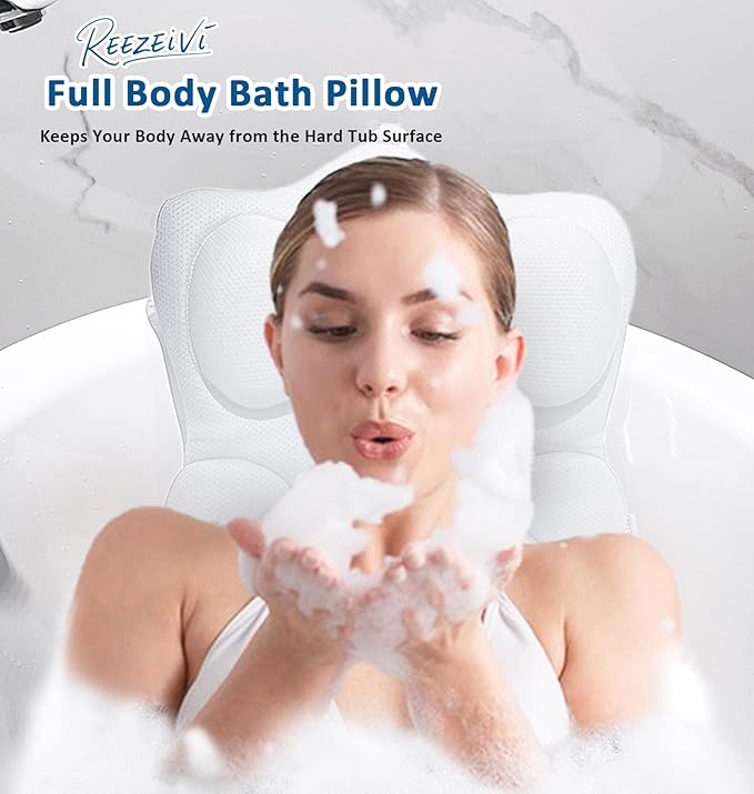 REEZEIVI Full Body Bath Pillow,Thick Bathtub Cushion with Laundry Bag,Bath Pillow with 13 Non-Slip Suction Cups,Soft 3D Mesh Fabric,Bathtub Cushion for Headrest Neck and Back Support (White)
