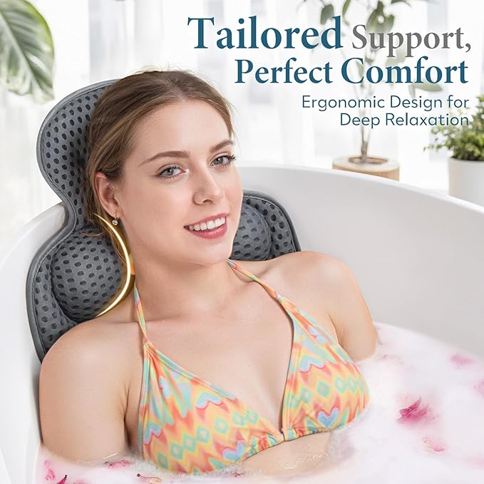 Bath Pillows for Tub, Comfortable Bathtub Cushion for Head and Neck with Soft 3D Mesh Fabric and 54 Non-Slip Suction Cups, Relaxing Tub and Shower Accessories Spa Gift Dark Gray Extra Thick