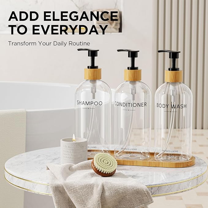 Shampoo and Conditioner Dispenser Set,Shower Soap Dispenser for Bathroom,Refillable Shampoo and Conditioner Bottles with Bamboo Pump and Tray,Soap Dispenser Bathroom for Shower (Transparent, 3-Pack)