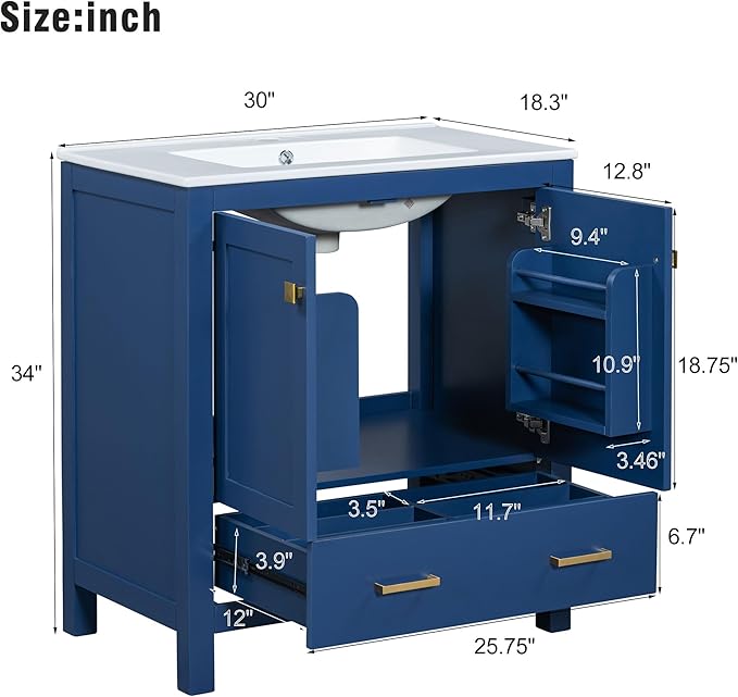 Bellemave 30" Bathroom Vanity with Sink Combo Set, Solid Wood Frame Bathroom Storage Cabinet with a Drawer, 2 Soft Closing Cabinet Doors with Organizer, Blue