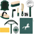 Abbylike 12 Pieces Horse Grooming Kit Racing Festival Tack Room Supplies Horse Brush Sets Equine Care Cleaning Kit Shedding Grooming Massaging Tools (Khaki and Green)