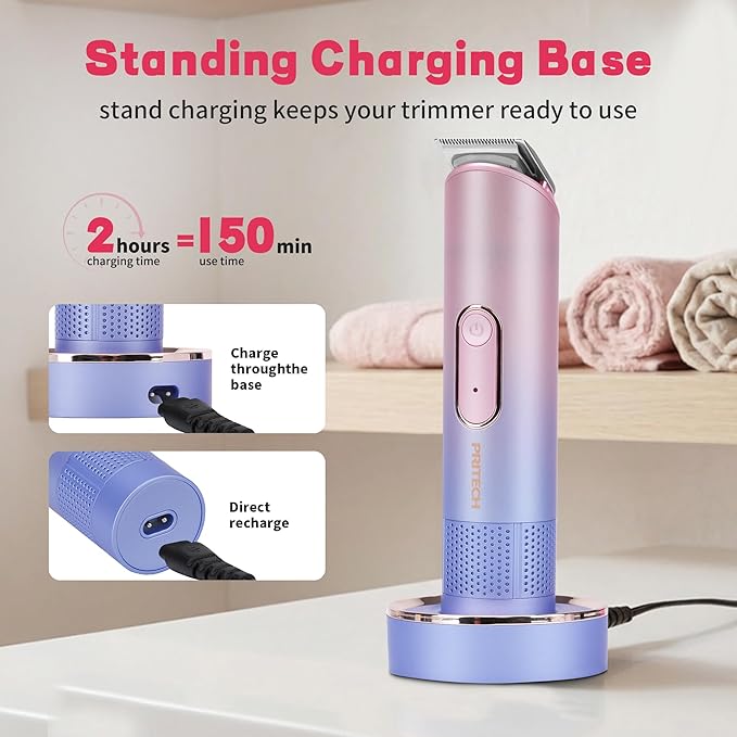PRITECH Hair Trimmer for Women - Rechargeable Bikini Trimmer for Women Pubic Hair, Wet&Dry Use, Pain-Free Electric Razor&Shaver with Standing Recharge Dock, Ideal Gift, Pink Blue