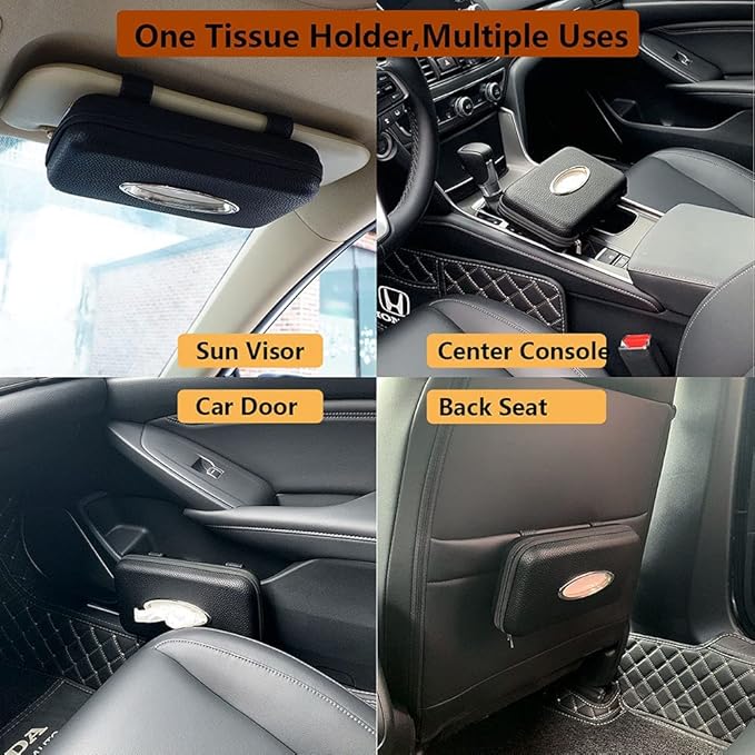 Sun Visor Tissue Holder, Zipper Napkin Holder, PU Leather Backseat Tissue Case for Car, Vehicle (Black)