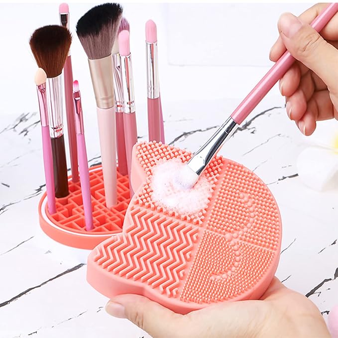 Silicon Makeup Brush Cleaner Mat with Portable Cat Shaped Cosmetic Brush Cleaning Pad Holder - Light Green