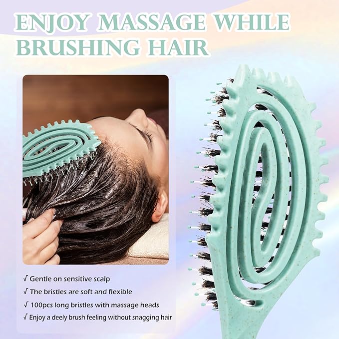 Curl Defining Brush, Boar Bristle Detangling Hair Brush for Women Girls Thick Curly Wavy Hair Wet Dry Use, Fast Blow Drying Vented Styling Hairbrush, Smoothing Hair No Tangle (Turquoise)