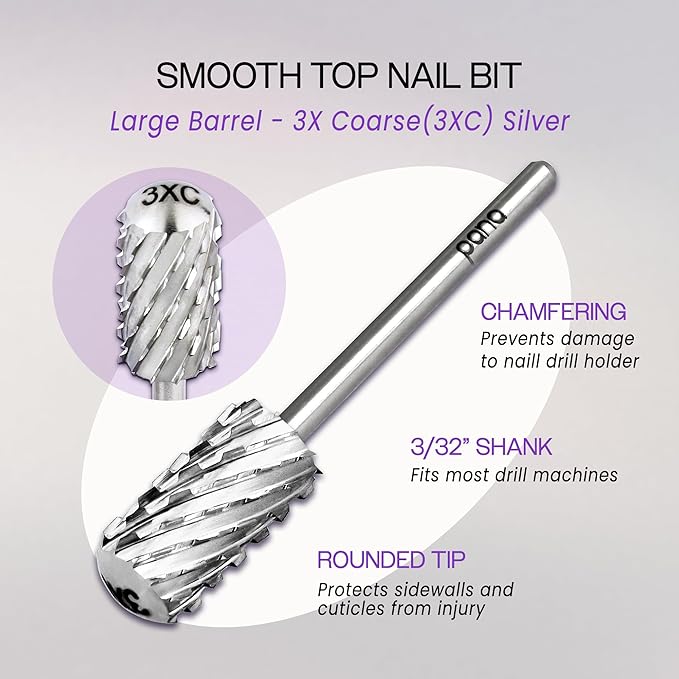 PANA 3/32" Large Smooth Round Top Safety Carbide Nail Drill Bit for Gel Polish & Acrylic Removal Nail Salon Manicure Pedicure Electric File Tools (Large Barrel - Silver, 3X Coarse)