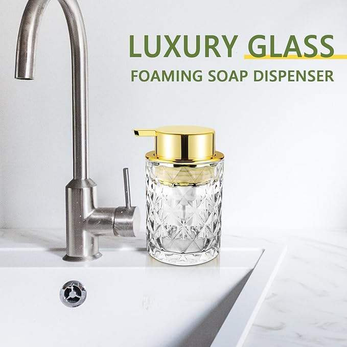 Glass Foaming Soap Dispenser 2 Pack Refillable Foaming Hand Soap Dispenser with Gold Large Pump Wide Opening for Bathroom Kitchen Countertop Modern Home Decor with Elegant Pattern, Transparent