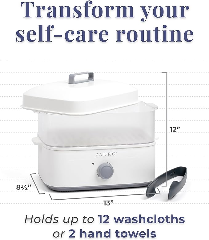 Zadro Towel Steamer with Tongs, 850W Heater, 8L Tray, 1.7L Tank, 30-min Timer for Facials, Manicures, Pedicures, Shaving (13"x12", 120V/850W, 8L, White/Gray)