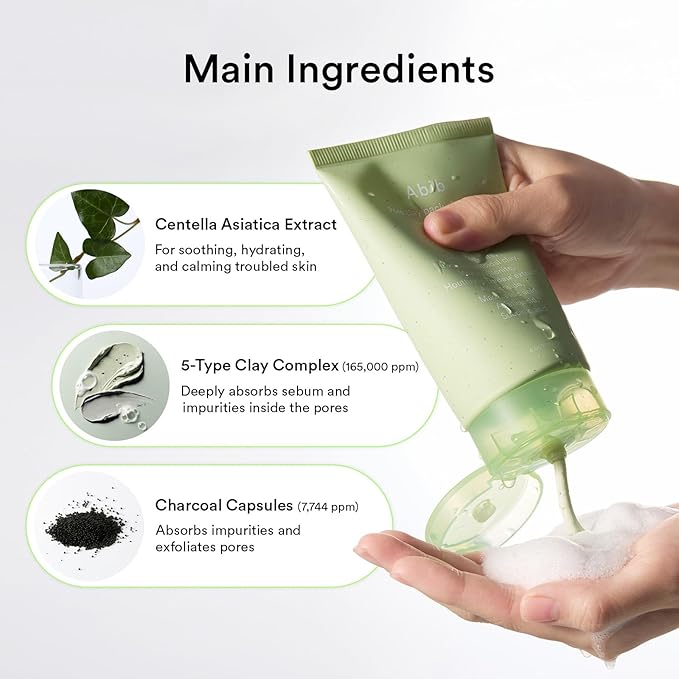 Abib Pore Clay Pack Cleanser Heartleaf Charcoal Foam, 4.05 fl oz, Mousse Form, Oil Control, Unscented