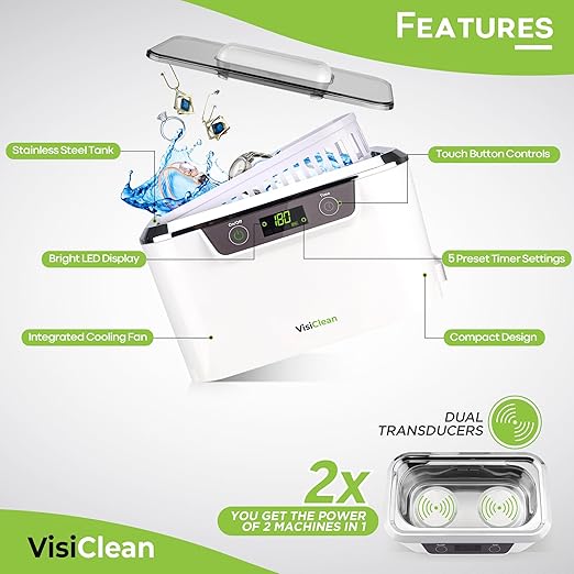 Ultrasonic Cleaner, Professional Ultrasonic Jewelry Cleaner for Diamond Ring, Silver, Gold, Earrings, Necklaces, Glasses, Denture, Retainer, Cpap, Coins, Mouthguard, Razors - VisiClean