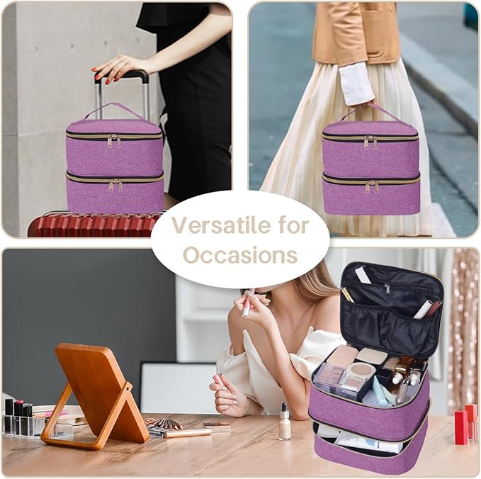 Double Layer Makeup Bag Portable Large Cosmetic Case Organizer with Adjustable Dividers Storage Travel Bag for Accessories Brushes Conditioner and Skin Care Products (Purple)