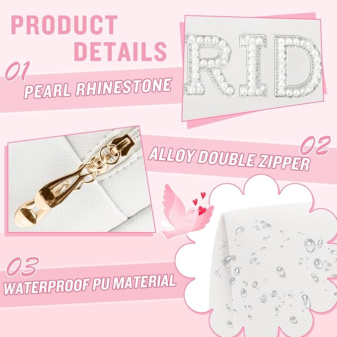 ChaoGreat Bride Gifts – Personalized Makeup Bag with Pearl Rhinestone Patch, Preppy White Monogram Cosmetic/Toiletry Pouch, bridesmaid Gifts, Bridal Shower Gifts, Wedding Gifts, Bridal Gifts,Bride