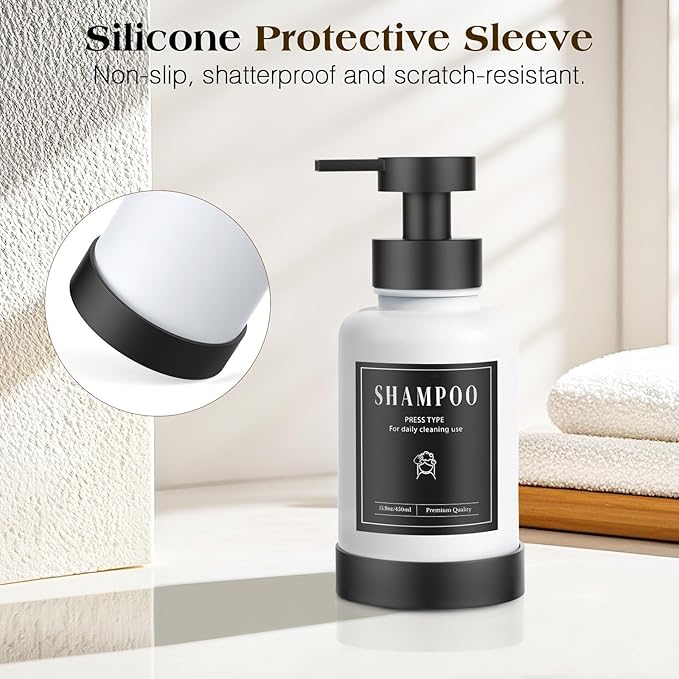 Luxspire Foaming Soap Dispenser, Glass Foam Pump Soap Dispenser, Non-Slip Hand Soap Container with 5 Waterproof Labels, 15 Oz Refillable Liquid Soap Holder for Bathroom & Kitchen, White, 2 Pack