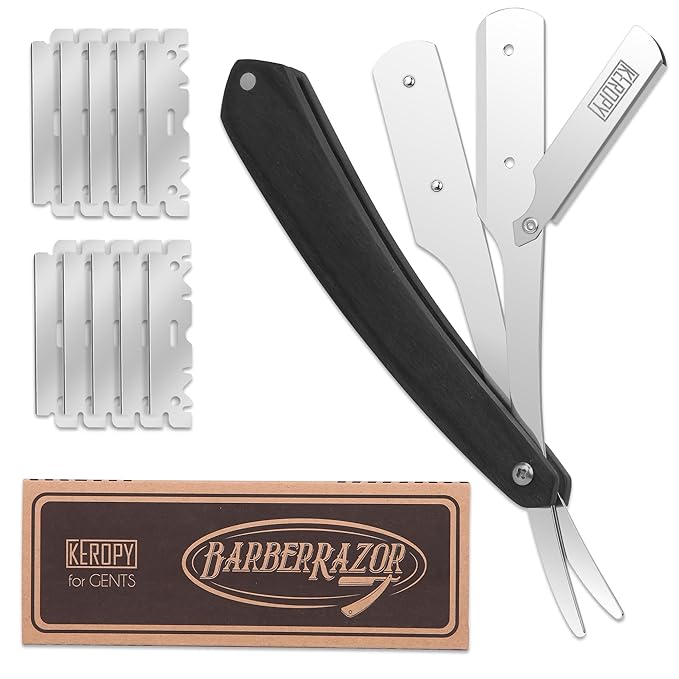 Black Wooden Handle Shavette Straight Razor Kit for Men - Professional Barber Straight Edge Razor with for a Close, Smooth Shave & Beard Shaping