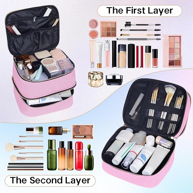 Double Layer Makeup Bag Portable Large Cosmetic Case Organizer with Adjustable Dividers Storage Travel Bag for Accessories Brushes Conditioner and Skin Care Products (Pink Gold)