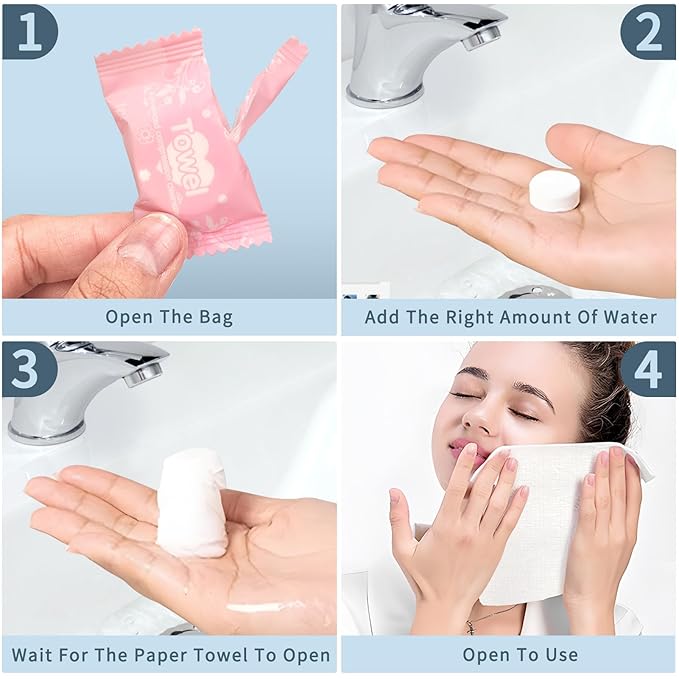 Classycoo Compressed Towel 100 PCS Tablets - Thick, Individually Wrapped Portable Disposable Face Towel Cotton Coin Cloth for Travel, Camping, Hiking, Beauty, Wipes(Soft, Odorless, 9.64 x 7 IN)