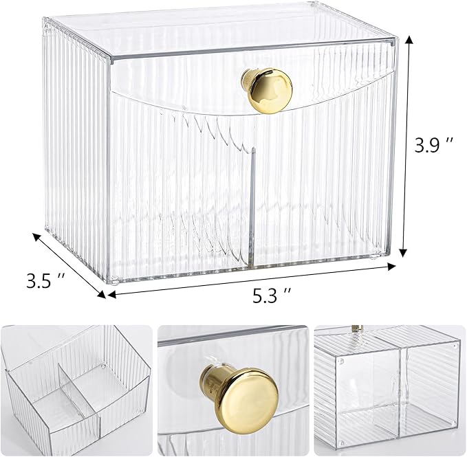 Tbestmax Qtip Holder Dispenser 2-Section Clear Bathroom Organizer 2 Grids Cotton Swab/Pad/Ball Holder Container Cosmetics Storage for Vanity